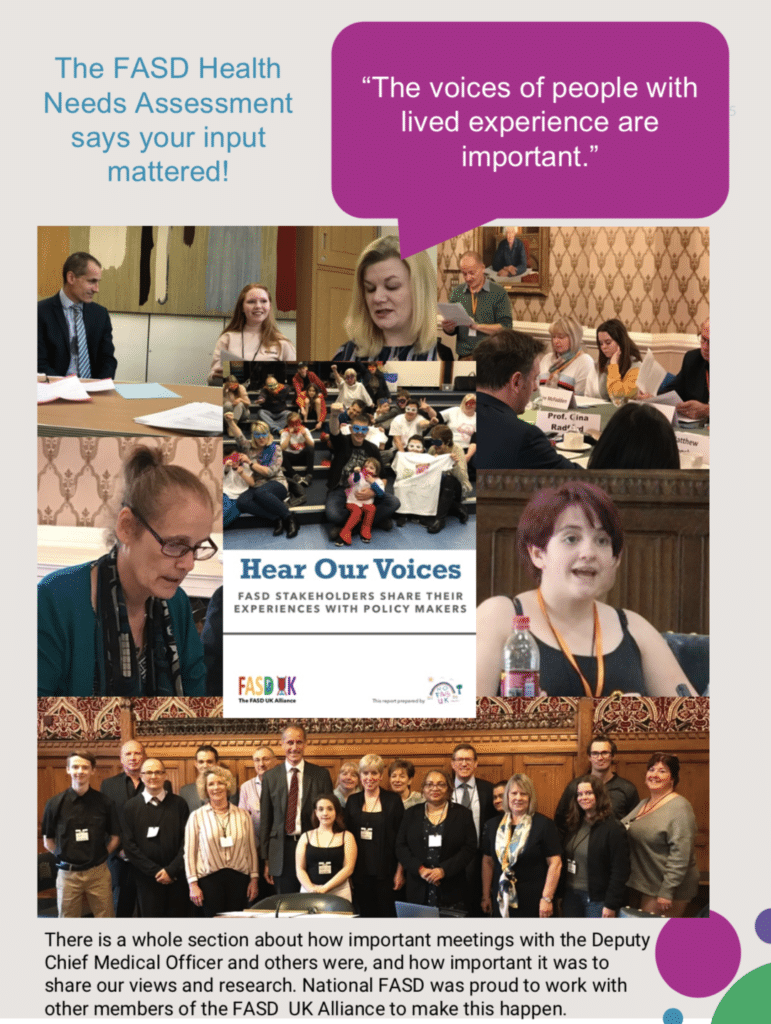 Collage of photos of people with FASD and families in meetings with policy makers